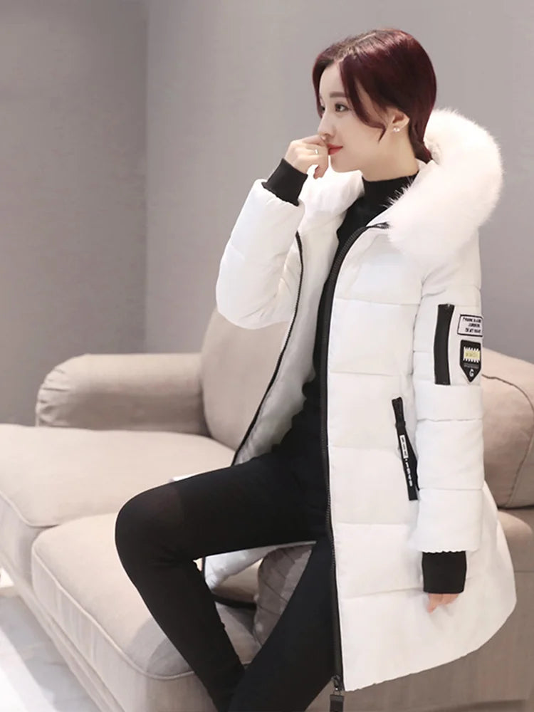 Women Winter Fur Collar Hooded Parka Fashion Leather Patch Zipper.