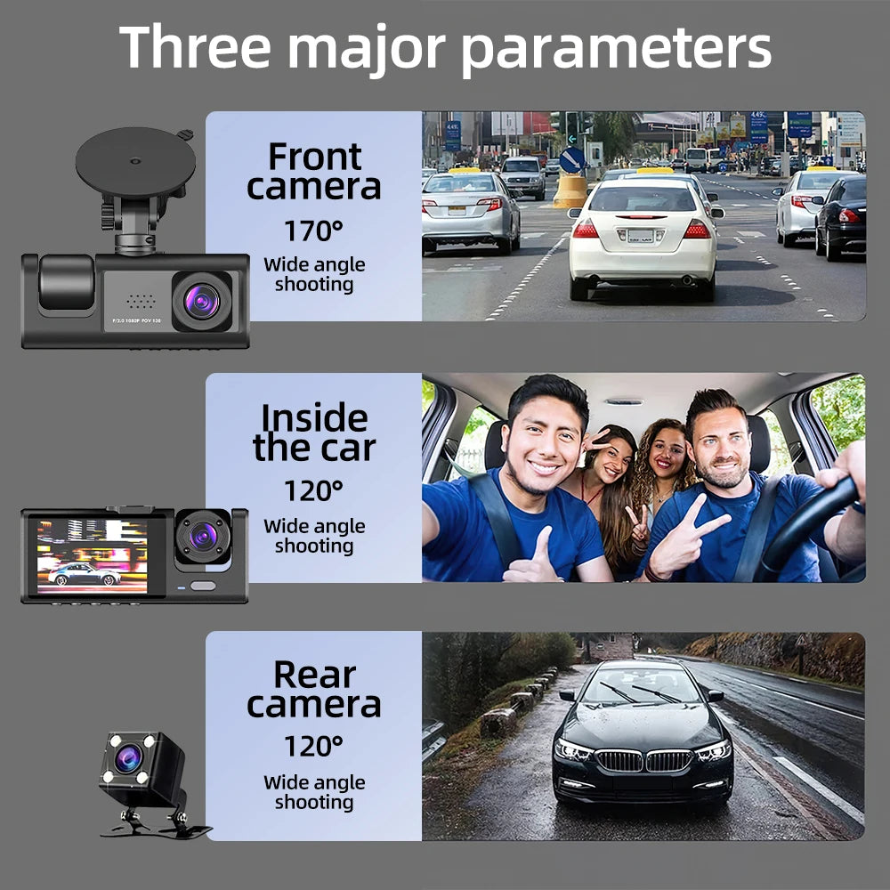 3 Channel Car Camera IR Night Vision 1080P 3-Lens Inside Vehicle Dashcam With 32GB Memory Card Loop Recording Car DVRs Camera