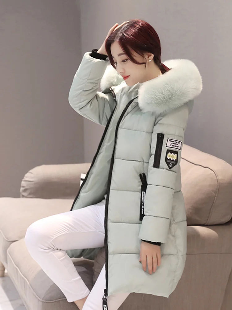 Women Winter Fur Collar Hooded Parka Fashion Leather Patch Zipper.