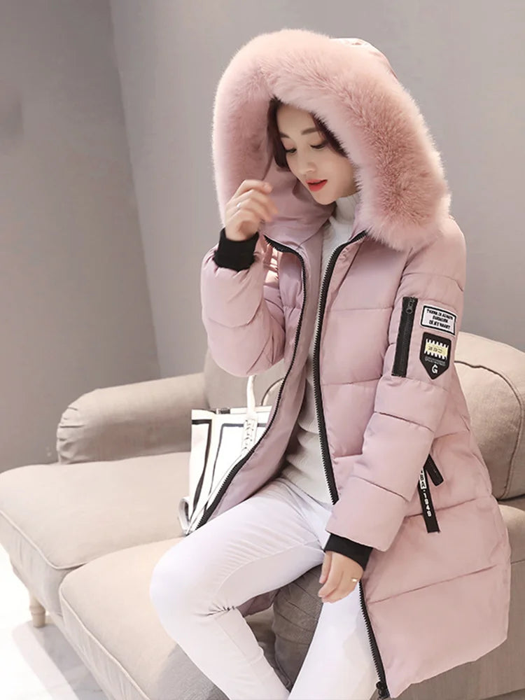 Women Winter Fur Collar Hooded Parka Fashion Leather Patch Zipper.