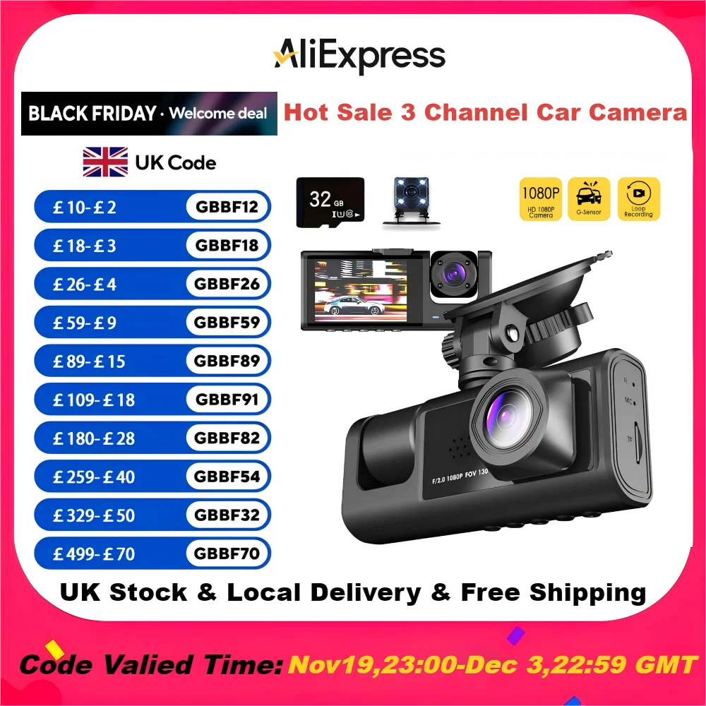 3 Channel Car Camera IR Night Vision 1080P 3-Lens Inside Vehicle Dashcam With 32GB Memory Card Loop Recording Car DVRs Camera