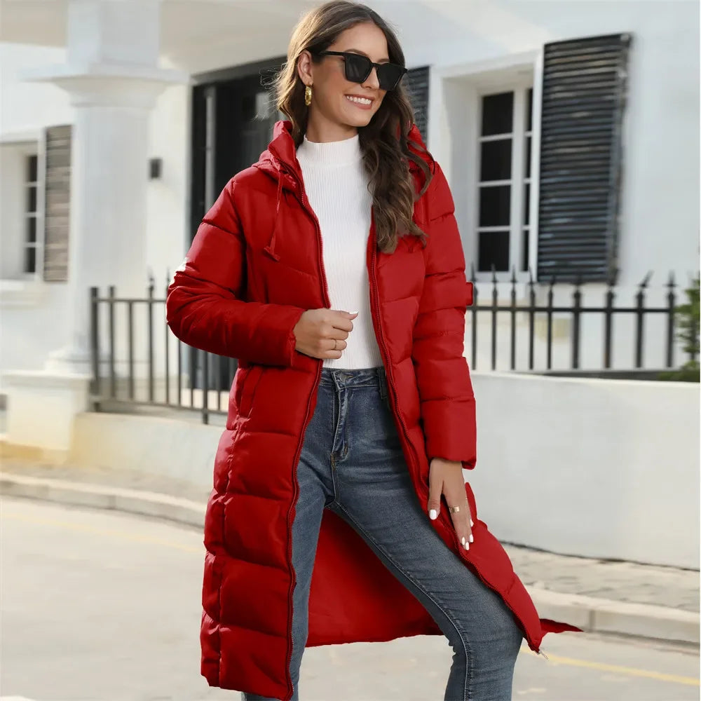 New Hooded Down Coats Women Medium Long Slim Fit Down Parkas Winter Warm Solid Casual Zipper Coat Stylish Outwear Autumn Jackets
