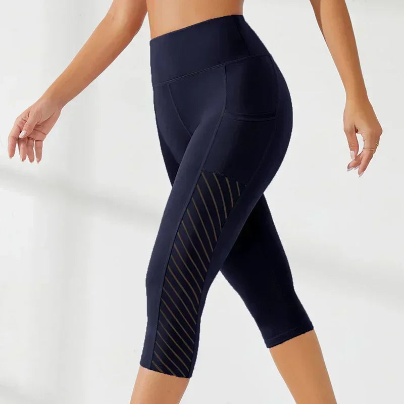 Sport Yoga Shorts Cropped Pants Women Fitness High Waist Hip Lift Running Yoga Side Pockets Tights Quick Dry Gym Sportswear