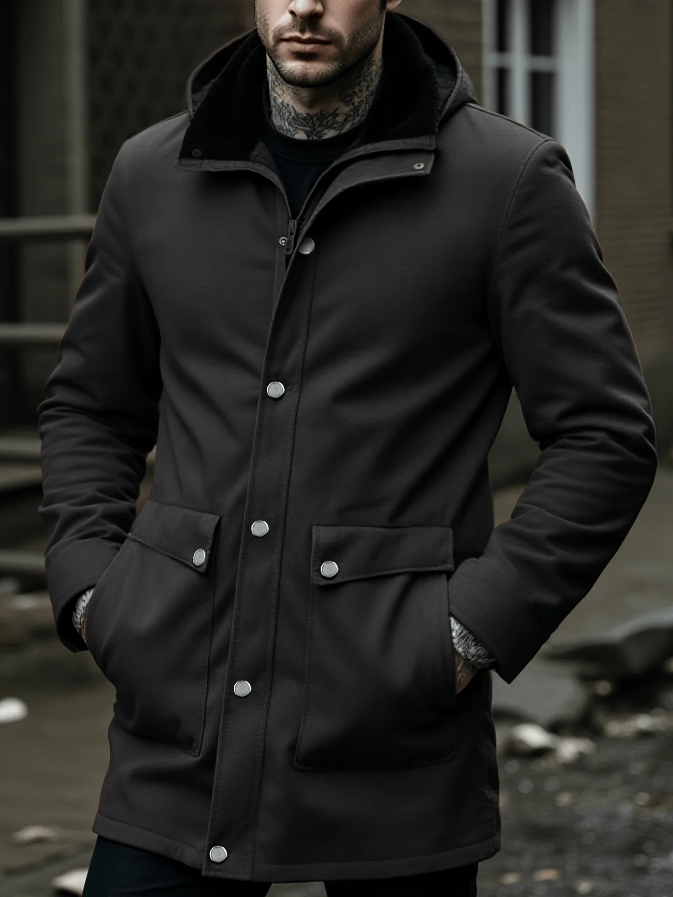 Stylish Men’s Wool Blend Overcoat Single-Breasted Hooded Jacket Lined Thick Zipper Coat And Warm For Street And Workwear