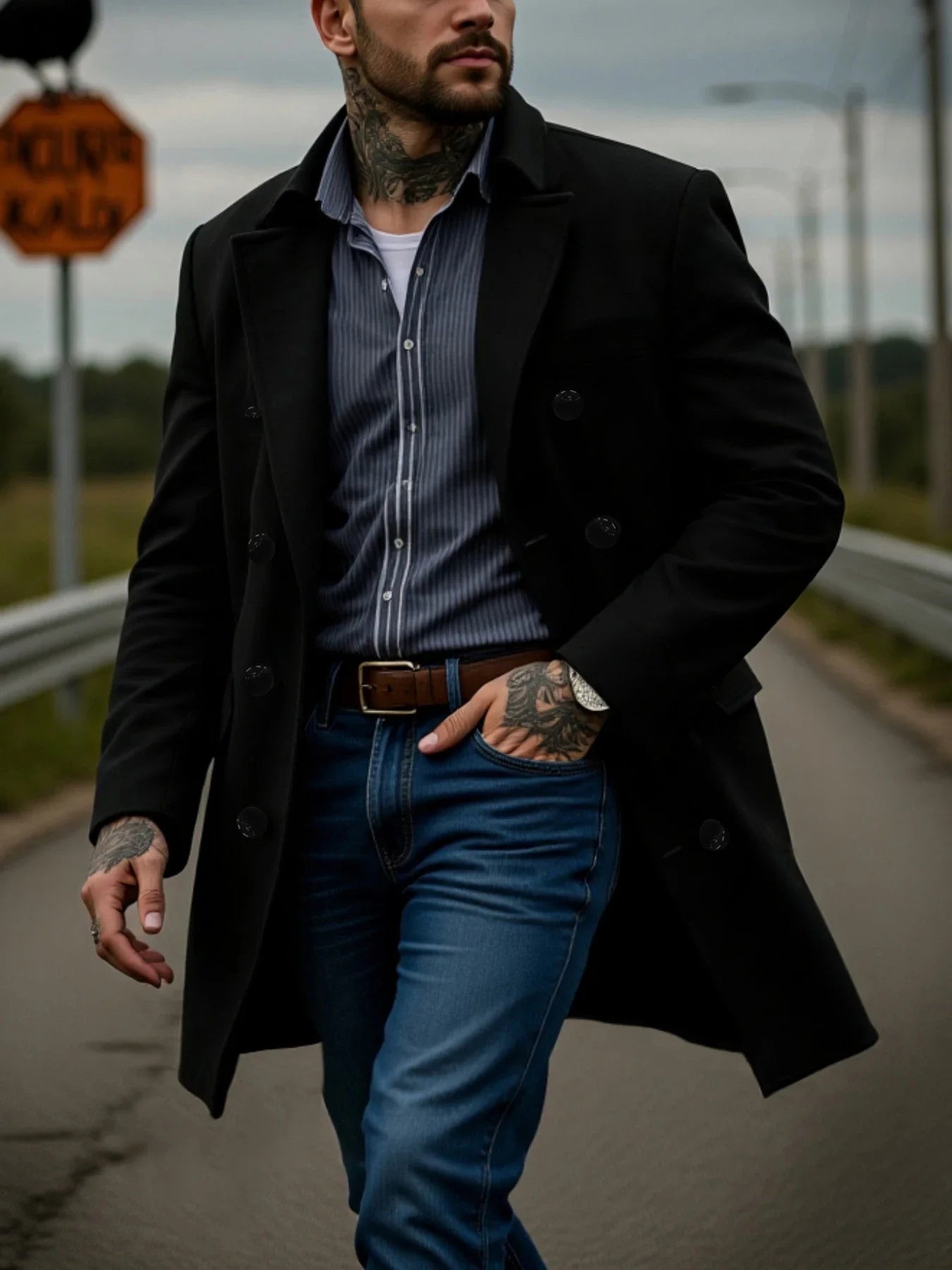 Winter Men's Double-Breasted Solid Woolen Coat Thickened Warm Wool&blends Trench Streetwear Outdoor Ideal Choice Male Jacket