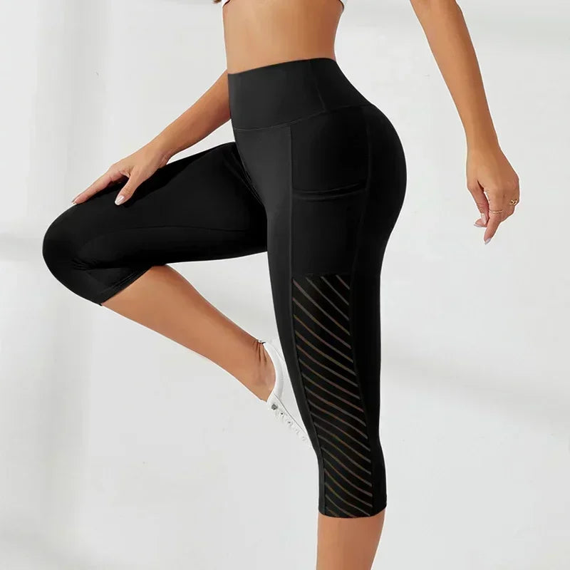 Sport Yoga Shorts Cropped Pants Women Fitness High Waist Hip Lift Running Yoga Side Pockets Tights Quick Dry Gym Sportswear