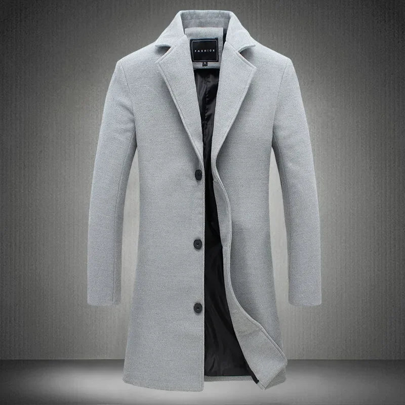 New Long Cotton Coat New Wool Blend Pure Color Casual Business Fashion Men's Clothing Slim Windbreaker Jacket