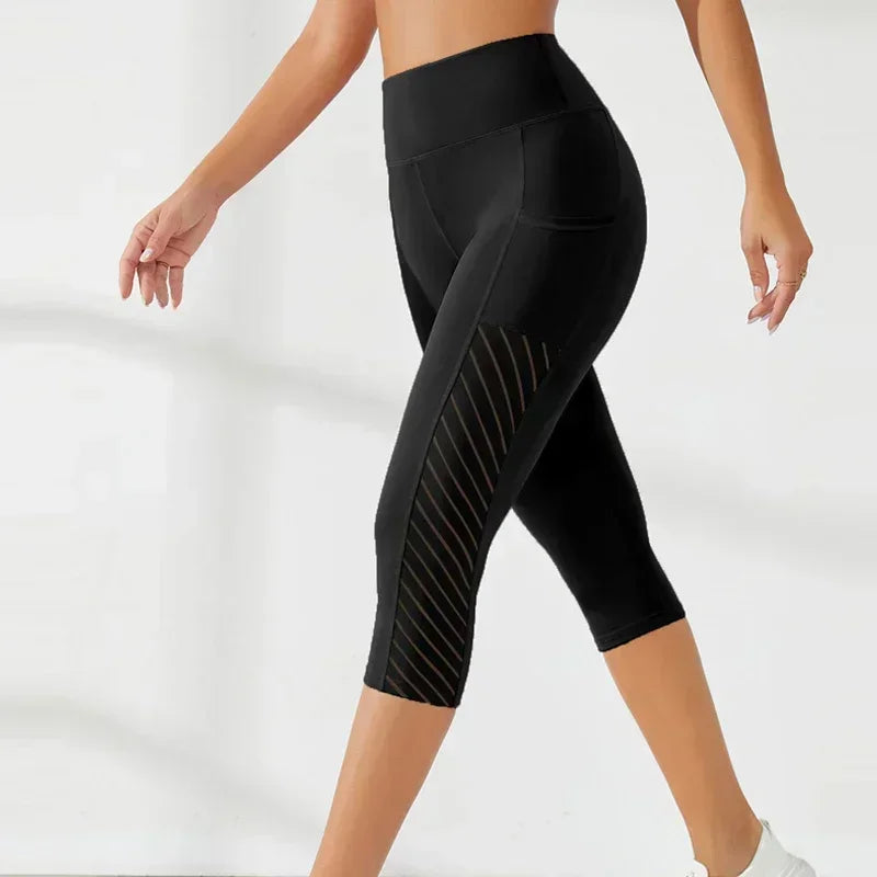 Sport Yoga Shorts Cropped Pants Women Fitness High Waist Hip Lift Running Yoga Side Pockets Tights Quick Dry Gym Sportswear