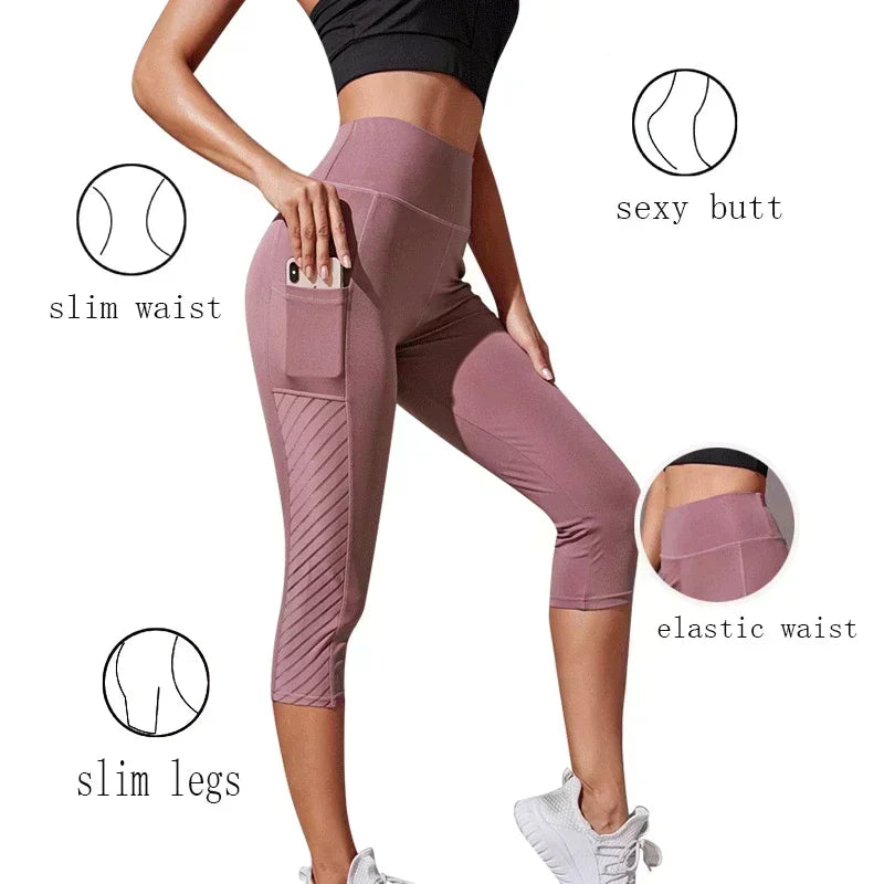 Sport Yoga Shorts Cropped Pants Women Fitness High Waist Hip Lift Running Yoga Side Pockets Tights Quick Dry Gym Sportswear