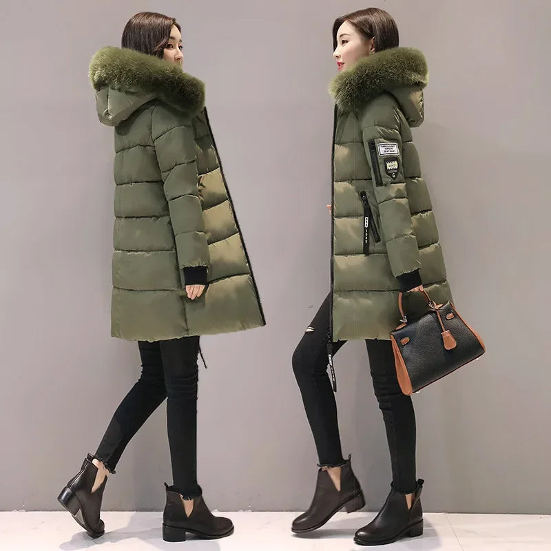 Women Winter Fur Collar Hooded Parka Fashion Leather Patch Zipper.