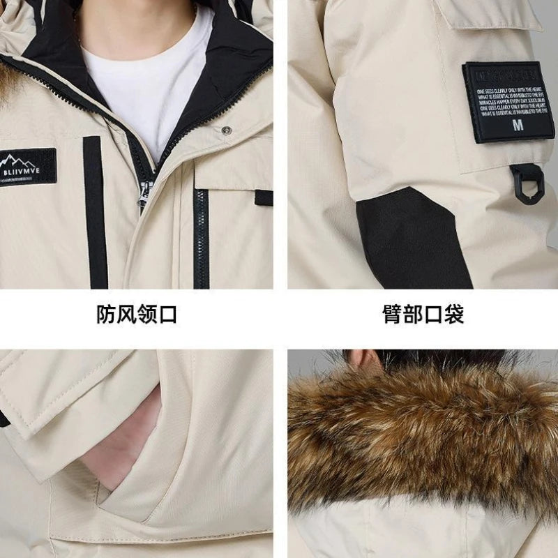 Mens New Winter High Quality Hooded Fur Collar Duck Down Coat.
