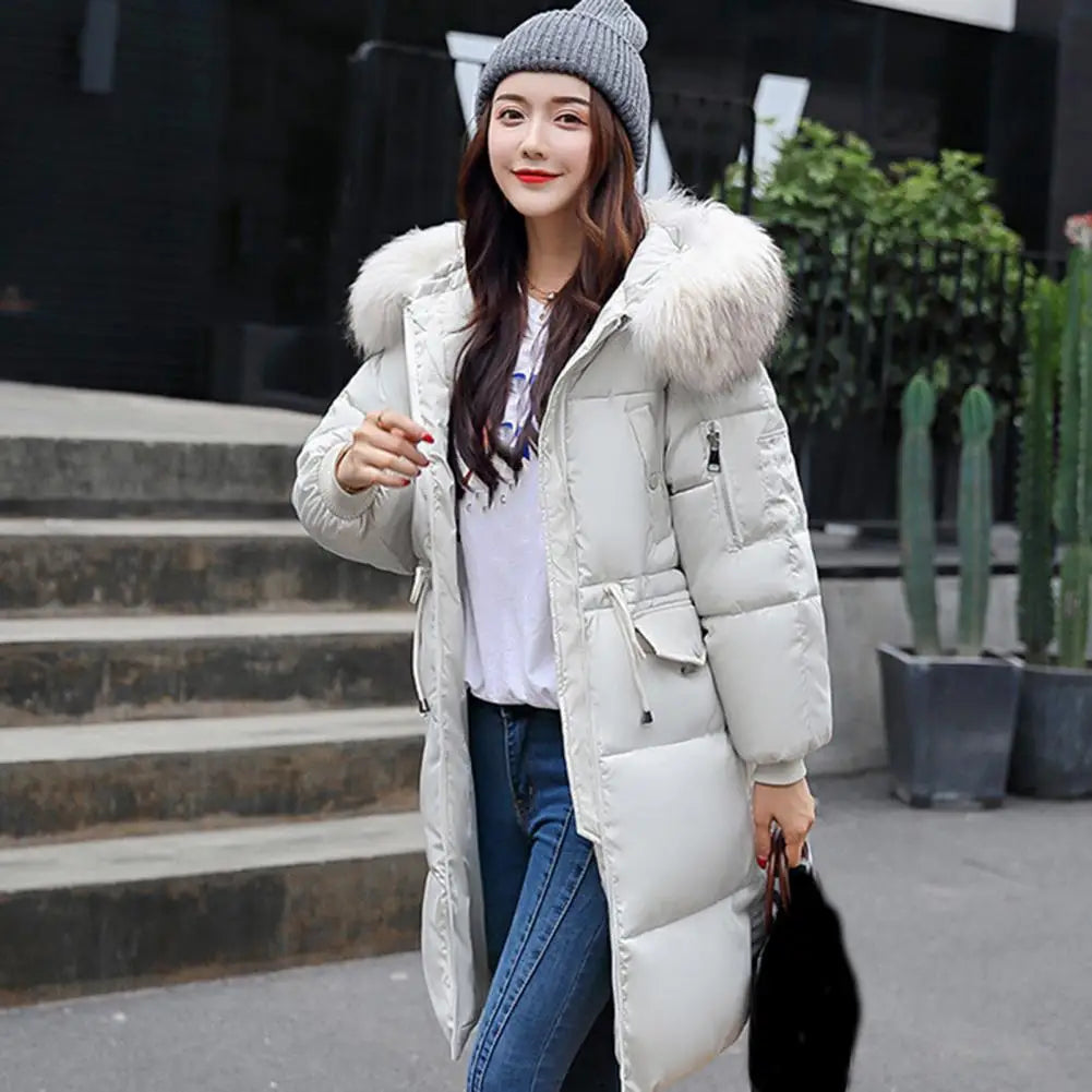 Winter Overcoat Down Coat Jacket Women Fur Furry Hood Thickened Padded Drawstring Waist Zipper Mid Length Cotton Coat