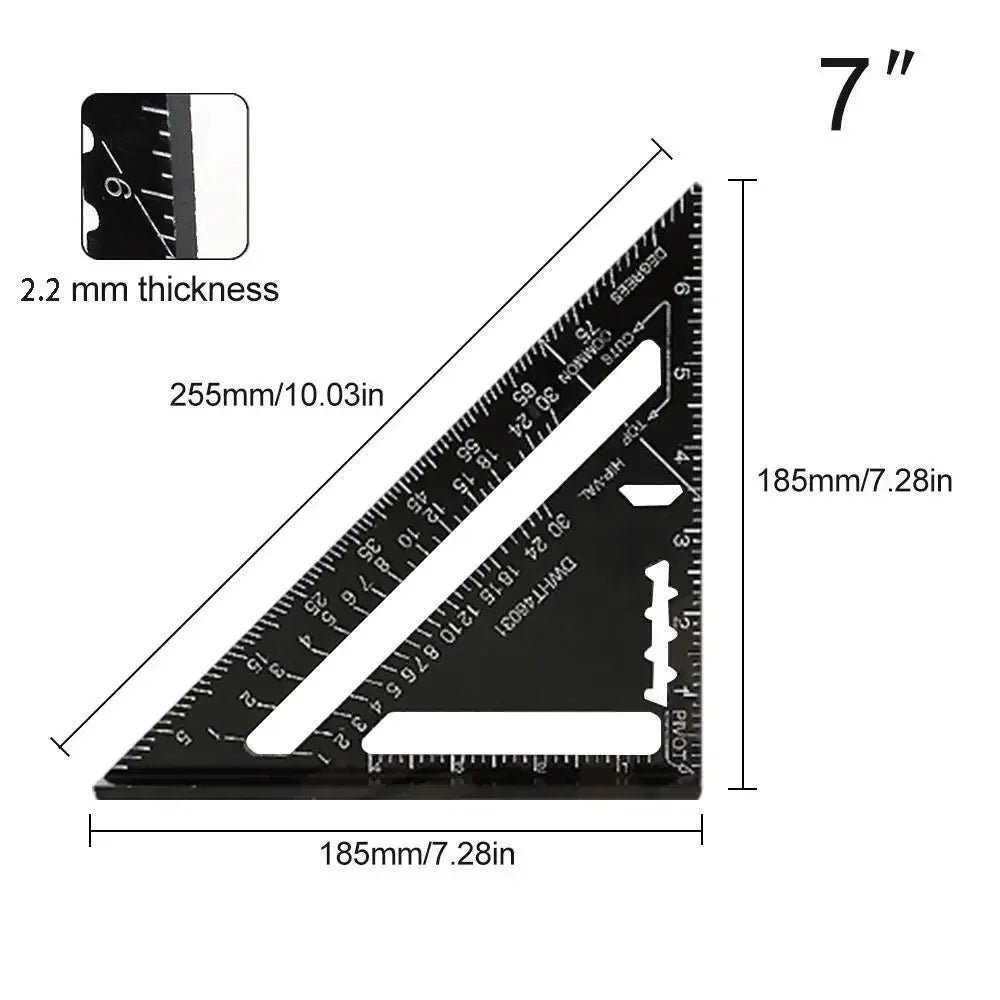 7" Triangle Ruler, Aluminium Alloy Carpenter Tool, Inch & Metric Angle Speed Square for Woodworking