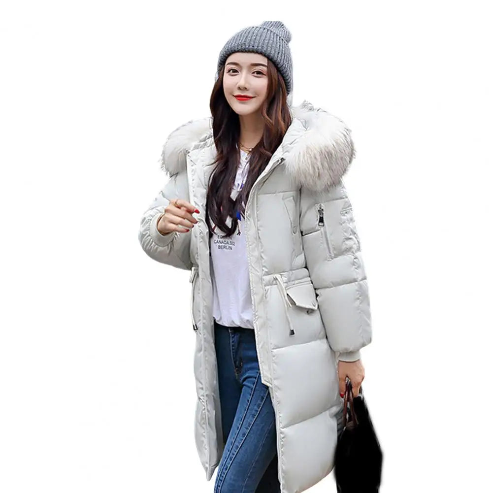 Winter Overcoat Down Coat Jacket Women Fur Furry Hood Thickened Padded Drawstring Waist Zipper Mid Length Cotton Coat