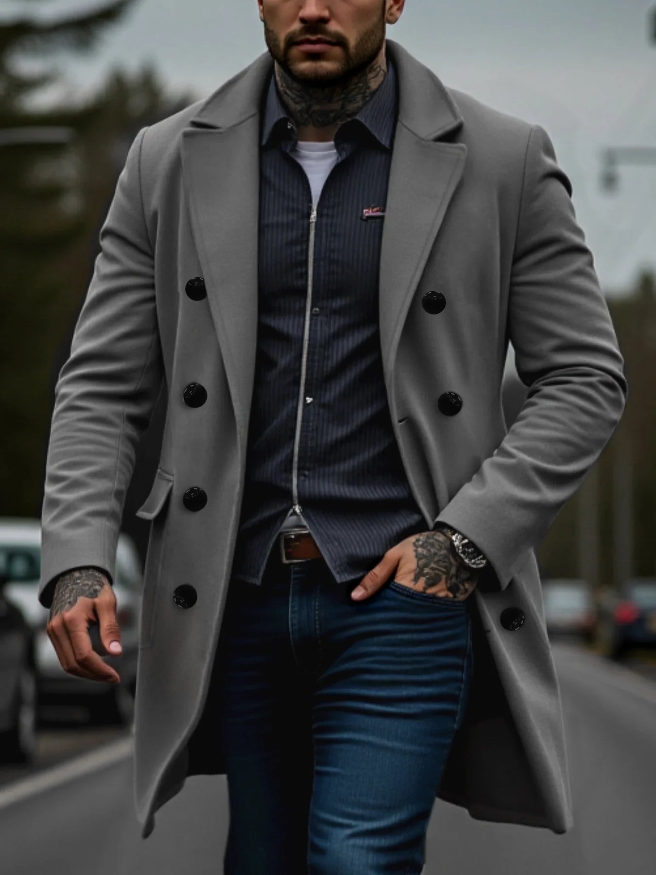 Winter Men's Double-Breasted Solid Woolen Coat Thickened Warm Wool&blends Trench Streetwear Outdoor Ideal Choice Male Jacket