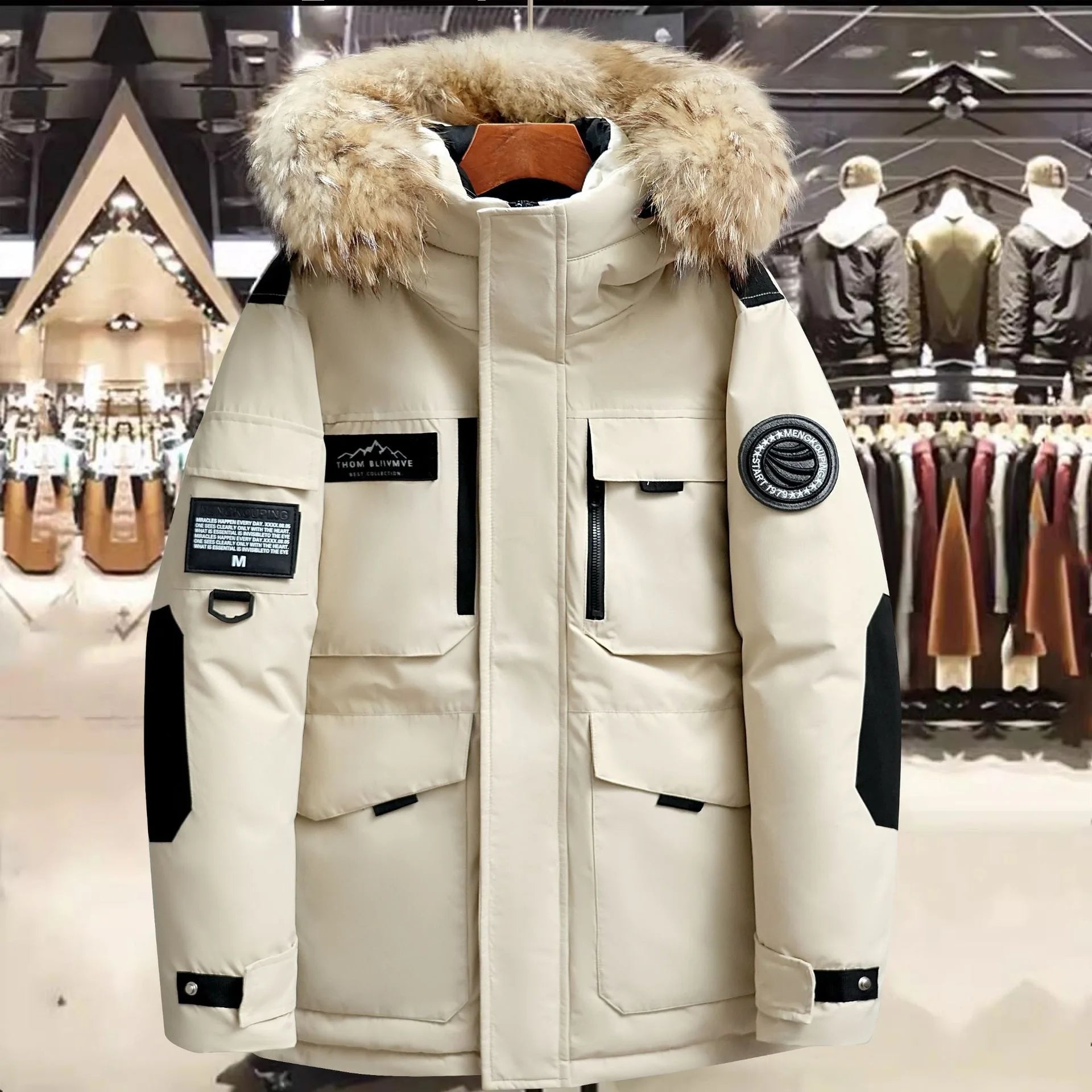 Mens New Winter High Quality Hooded Fur Collar Duck Down Coat.