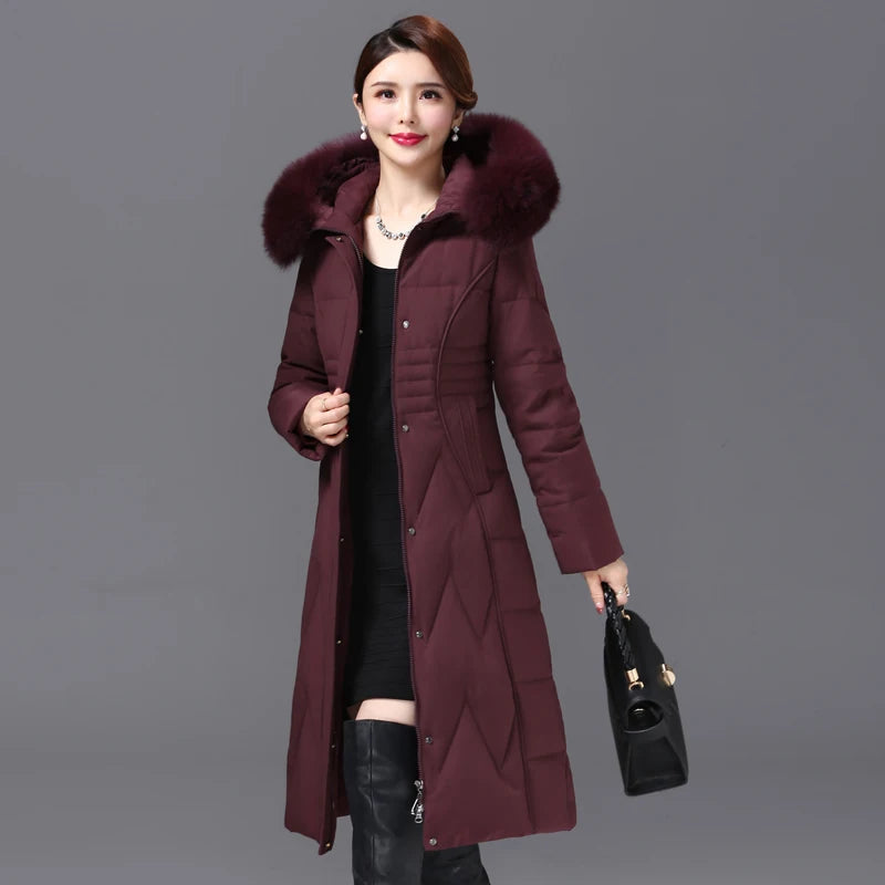 Shengyu Boya Middle-Aged and Elderly Slim-Fit Over-The-Knee Long down Jacket for Women, New Thickened Coat with Detachable Hood