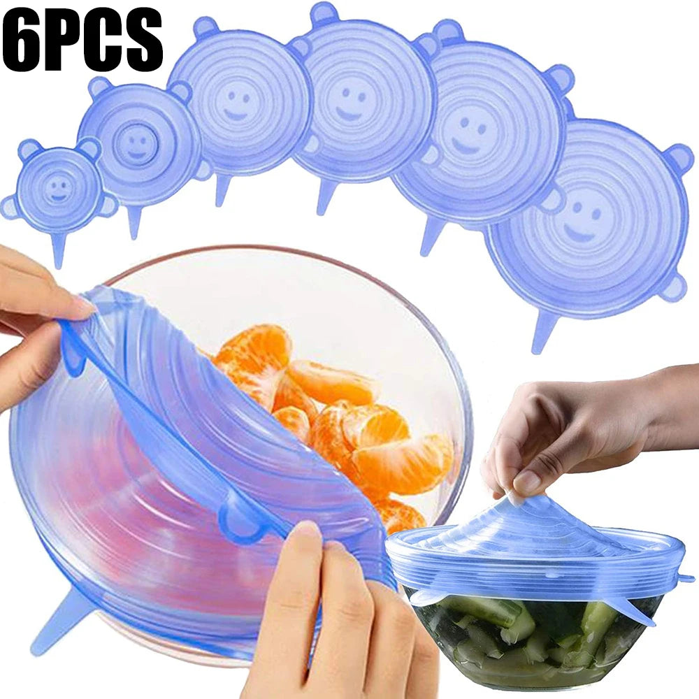 6pcs Food Grade Silicone Reusable Airtight Round Dish Lids for Kitchen Accessories