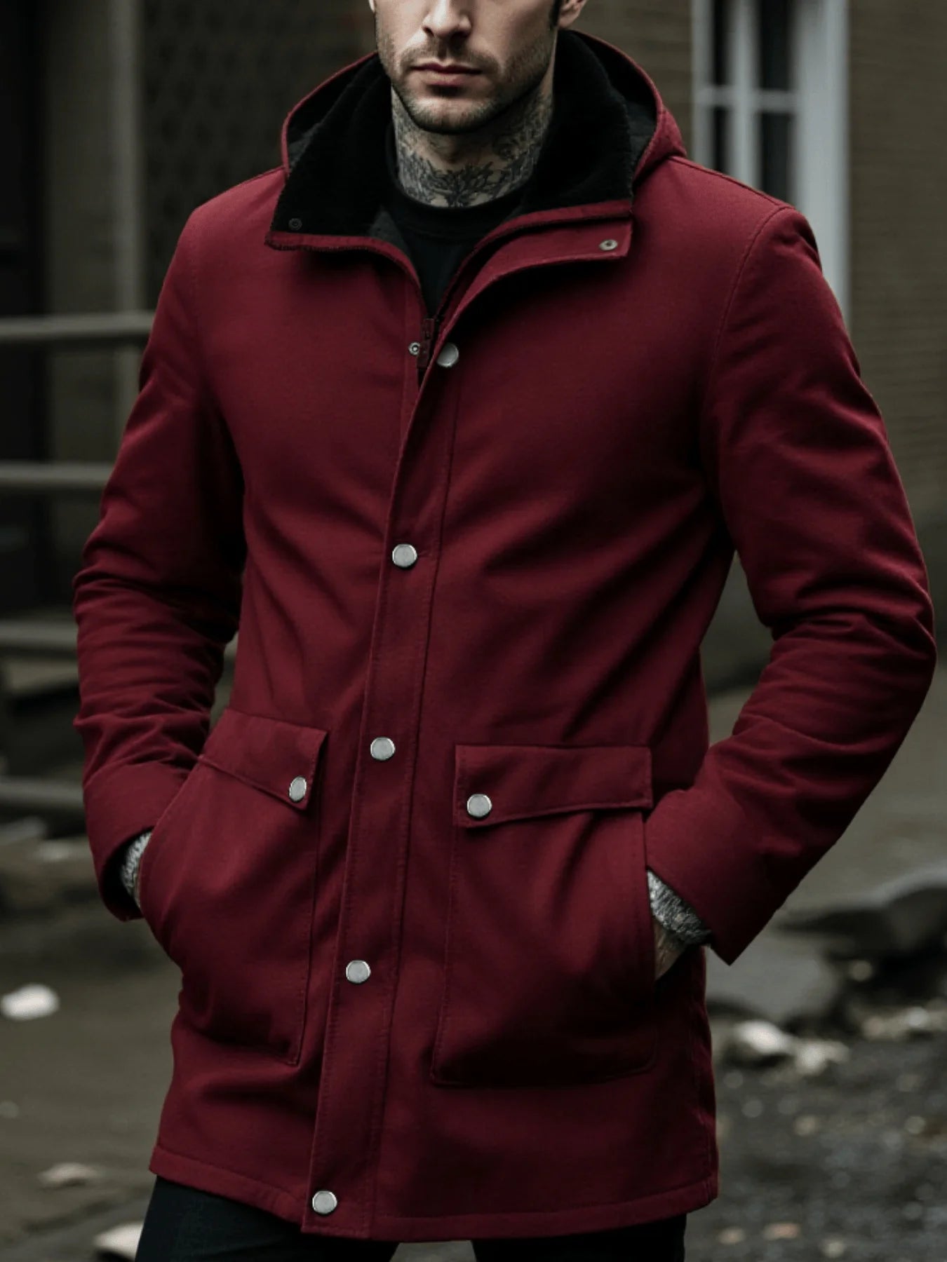 Stylish Men’s Wool Blend Overcoat Single-Breasted Hooded Jacket Lined Thick Zipper Coat And Warm For Street And Workwear