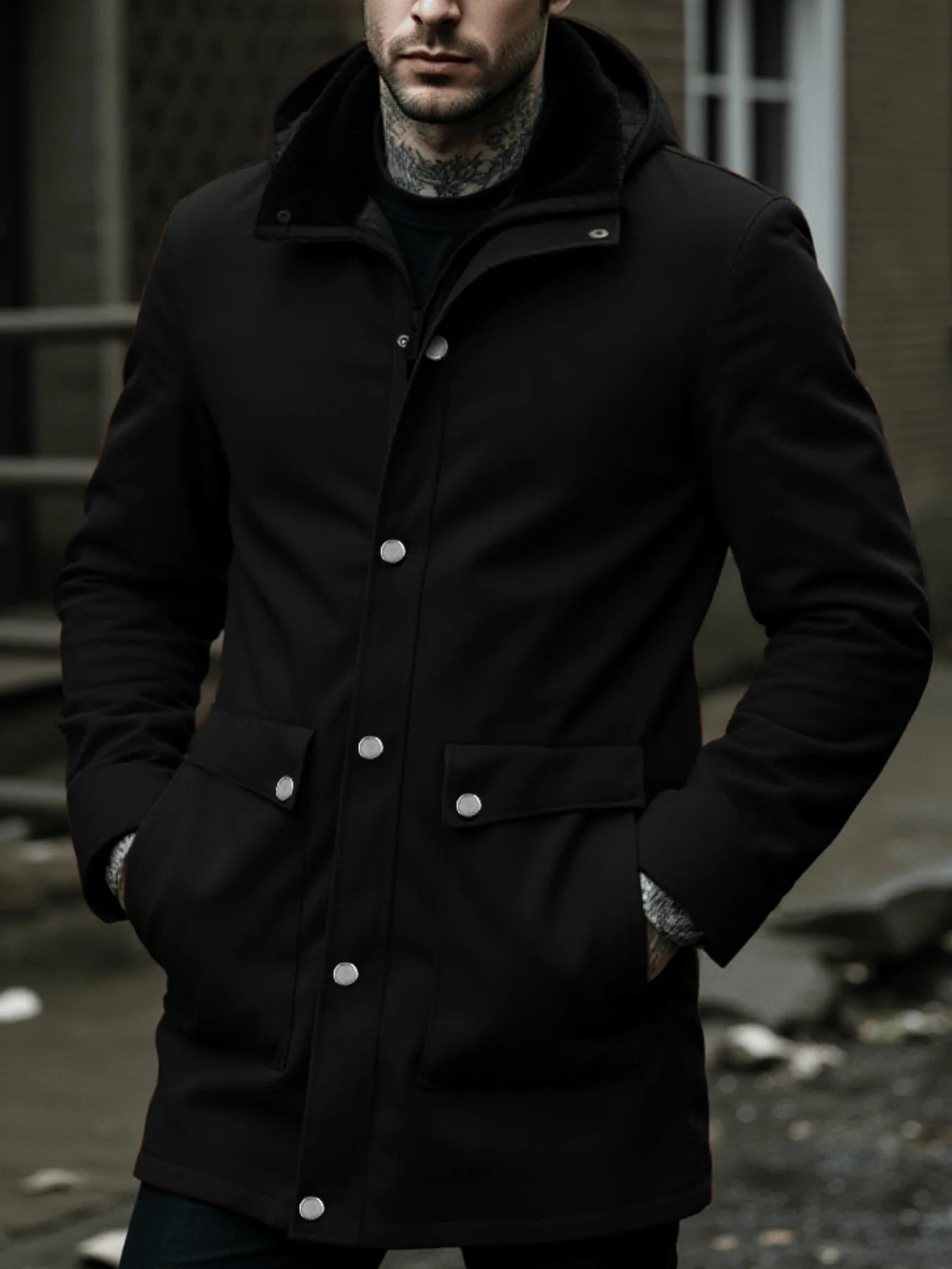 Stylish Men’s Wool Blend Overcoat Single-Breasted Hooded Jacket Lined Thick Zipper Coat And Warm For Street And Workwear