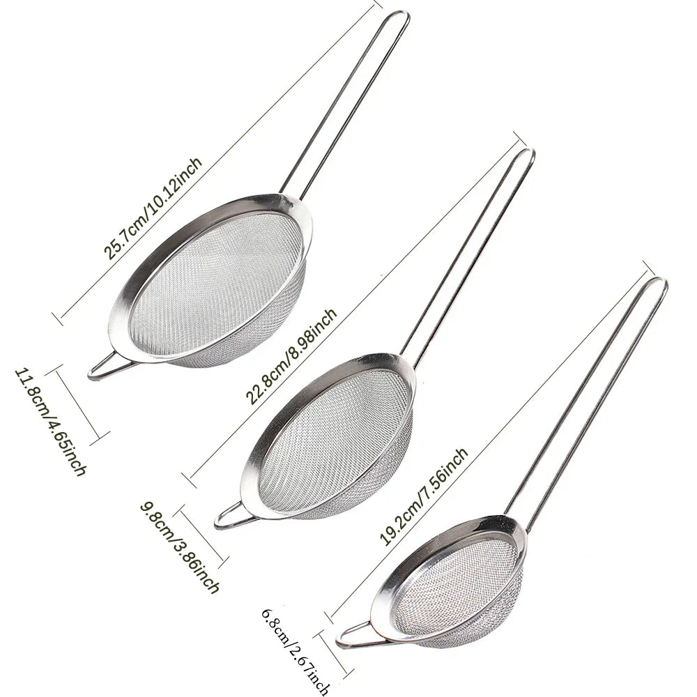 3pcs Fine Mesh Strainers Set Stainless Steel Multipurpose Flour Sieve  Sifter With Handle Perfect For tea Flour Egg Kitchen Tool