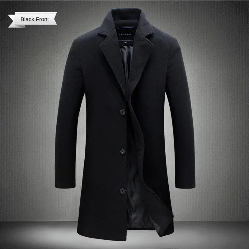 New Long Cotton Coat New Wool Blend Pure Color Casual Business Fashion Men's Clothing Slim Windbreaker Jacket