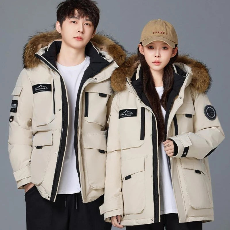 Mens New Winter High Quality Hooded Fur Collar Duck Down Coat.