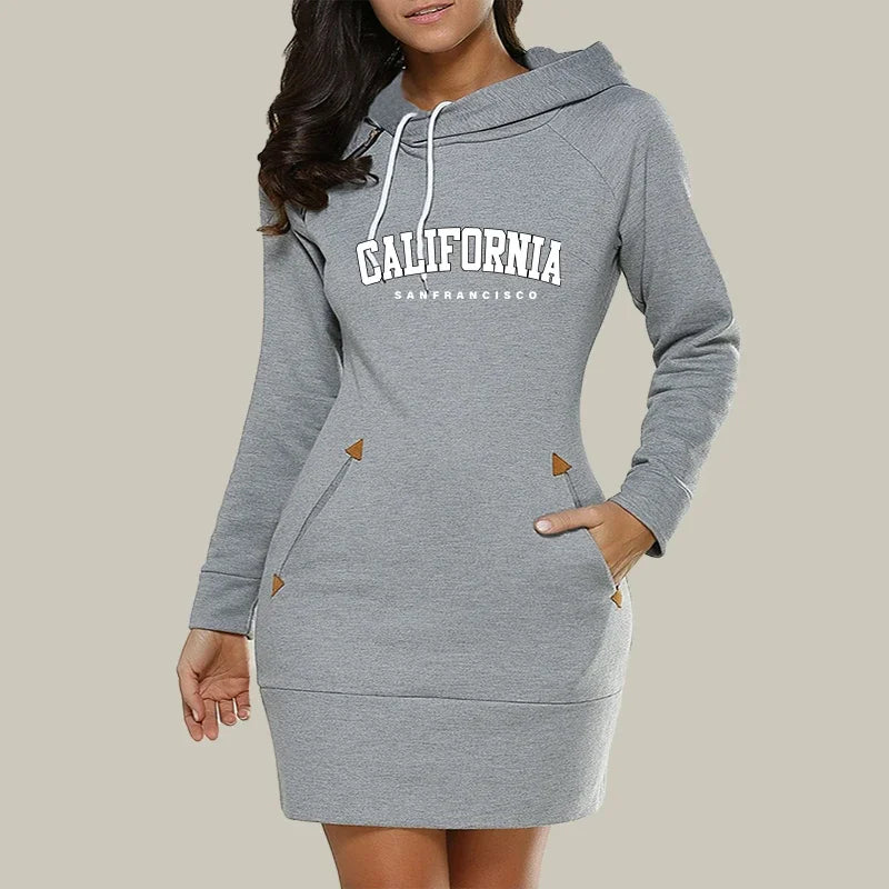 California Womens Dress Neck Side Zipper Fashion Print Long Sleeve Hooded Sports Skirt Hot Sales Casual Knee-Length Dress S-3XL