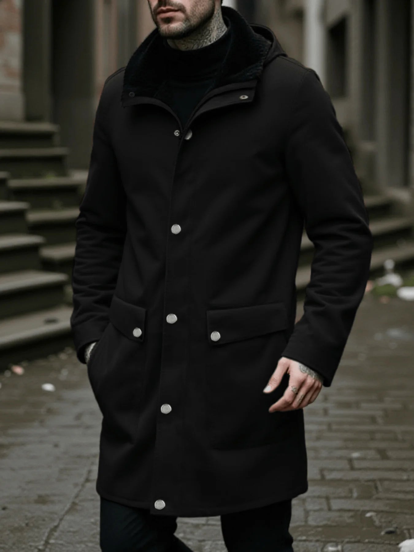 Stylish Men’s Wool Blend Overcoat Single-Breasted Hooded Jacket Lined Thick Zipper Coat And Warm For Street And Workwear