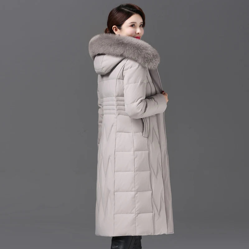 Shengyu Boya Middle-Aged and Elderly Slim-Fit Over-The-Knee Long down Jacket for Women, New Thickened Coat with Detachable Hood
