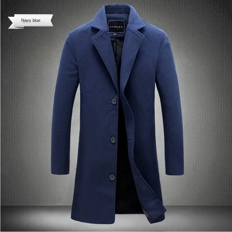 New Long Cotton Coat New Wool Blend Pure Color Casual Business Fashion Men's Clothing Slim Windbreaker Jacket