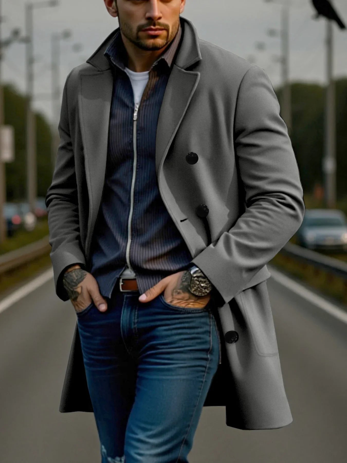 Winter Men's Double-Breasted Solid Woolen Coat Thickened Warm Wool&blends Trench Streetwear Outdoor Ideal Choice Male Jacket