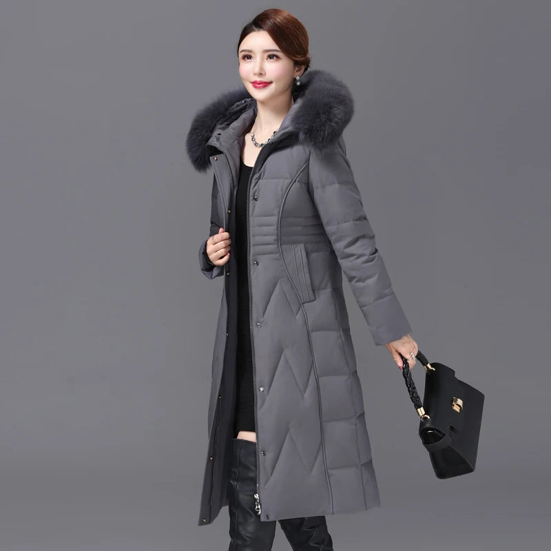 Shengyu Boya Middle-Aged and Elderly Slim-Fit Over-The-Knee Long down Jacket for Women, New Thickened Coat with Detachable Hood