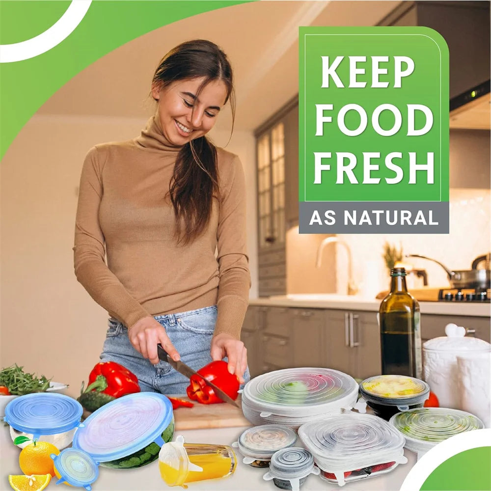 6pcs Food Grade Silicone Reusable Airtight Round Dish Lids for Kitchen Accessories