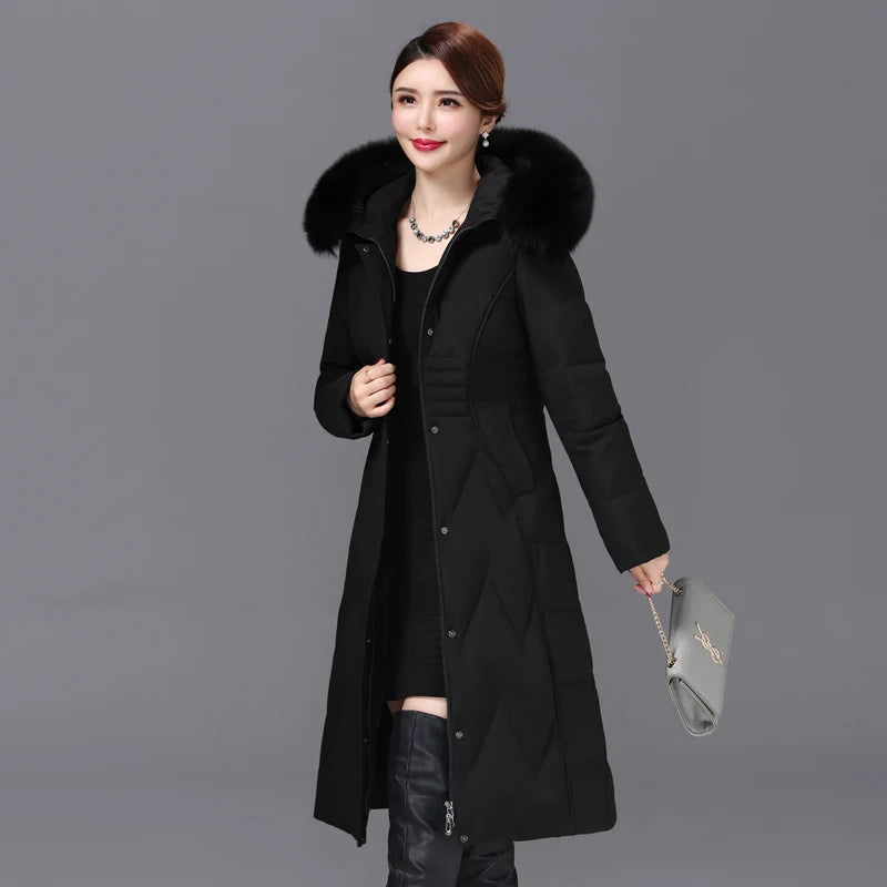 Shengyu Boya Middle-Aged and Elderly Slim-Fit Over-The-Knee Long down Jacket for Women, New Thickened Coat with Detachable Hood
