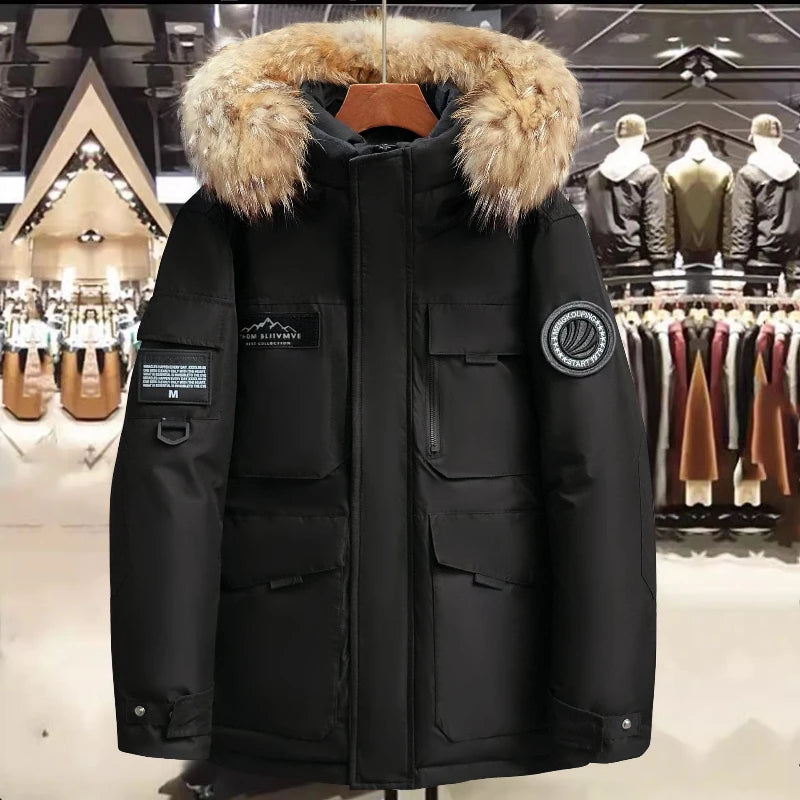 Mens New Winter High Quality Hooded Fur Collar Duck Down Coat.