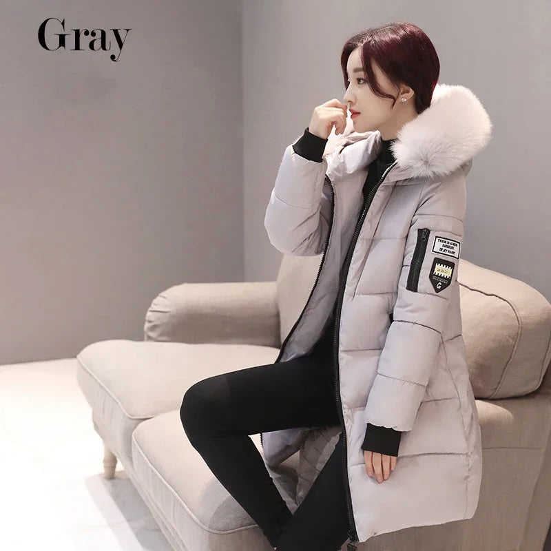 Women Winter Fur Collar Hooded Parka Fashion Leather Patch Zipper.