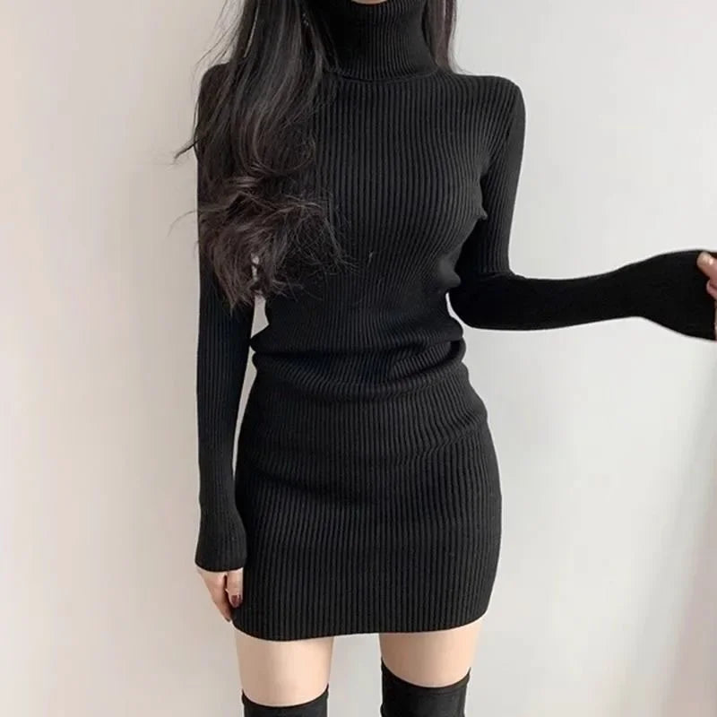 New Turtleneck Sweater Dresses Lady Sexy Slim Streetwear Bodycon Mini Dress Women Thick Basic Bottoming Dress Woman
