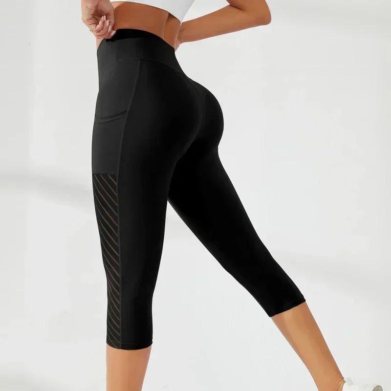 Sport Yoga Shorts Cropped Pants Women Fitness High Waist Hip Lift Running Yoga Side Pockets Tights Quick Dry Gym Sportswear