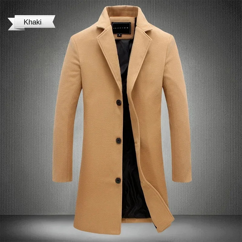 New Long Cotton Coat New Wool Blend Pure Color Casual Business Fashion Men's Clothing Slim Windbreaker Jacket