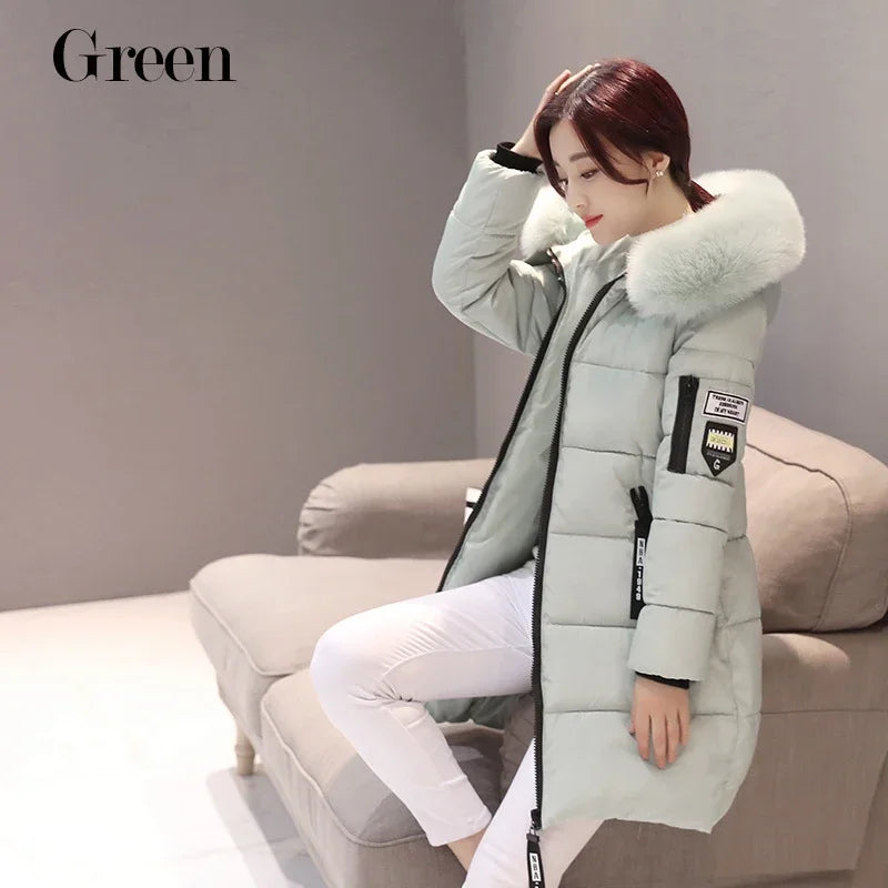 Women Winter Fur Collar Hooded Parka Fashion Leather Patch Zipper.