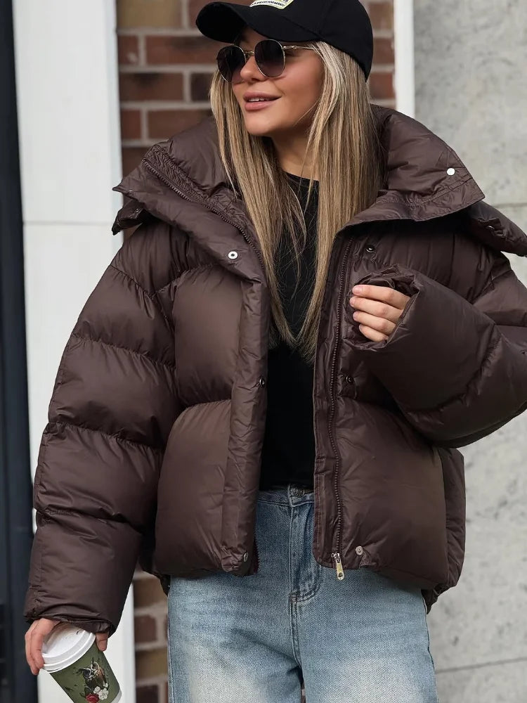 Women Brown Hooded Cotton Winter Short Coat