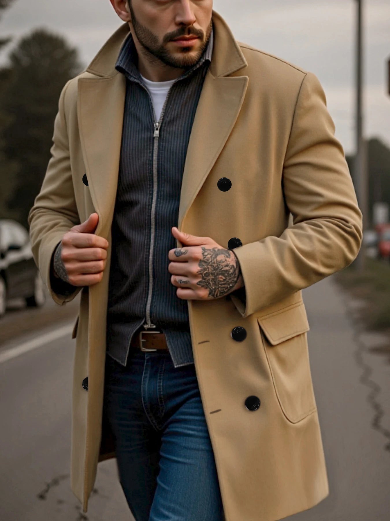 Winter Men's Double-Breasted Solid Woolen Coat Thickened Warm Wool&blends Trench Streetwear Outdoor Ideal Choice Male Jacket