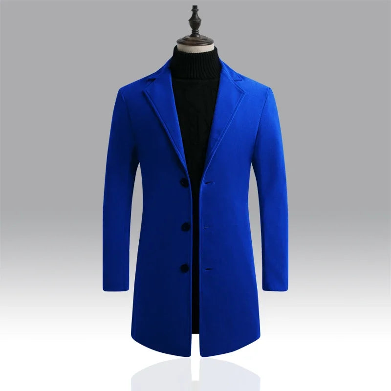 New Long Cotton Coat New Wool Blend Pure Color Casual Business Fashion Men's Clothing Slim Windbreaker Jacket