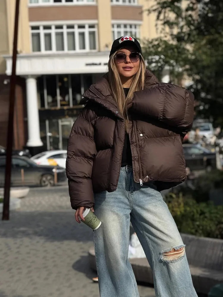 Women Brown Hooded Cotton Winter Short Coat