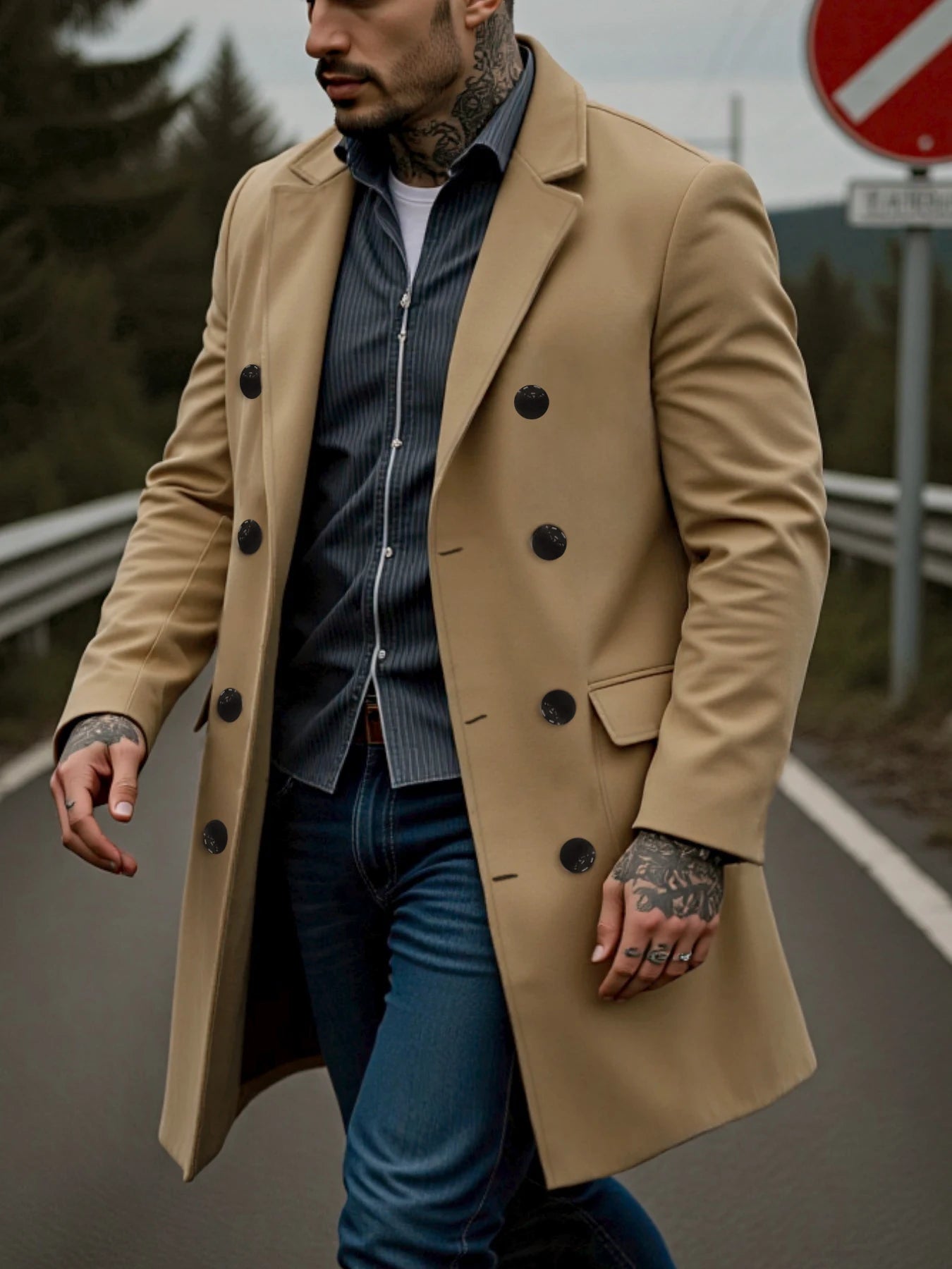 Winter Men's Double-Breasted Solid Woolen Coat Thickened Warm Wool&blends Trench Streetwear Outdoor Ideal Choice Male Jacket