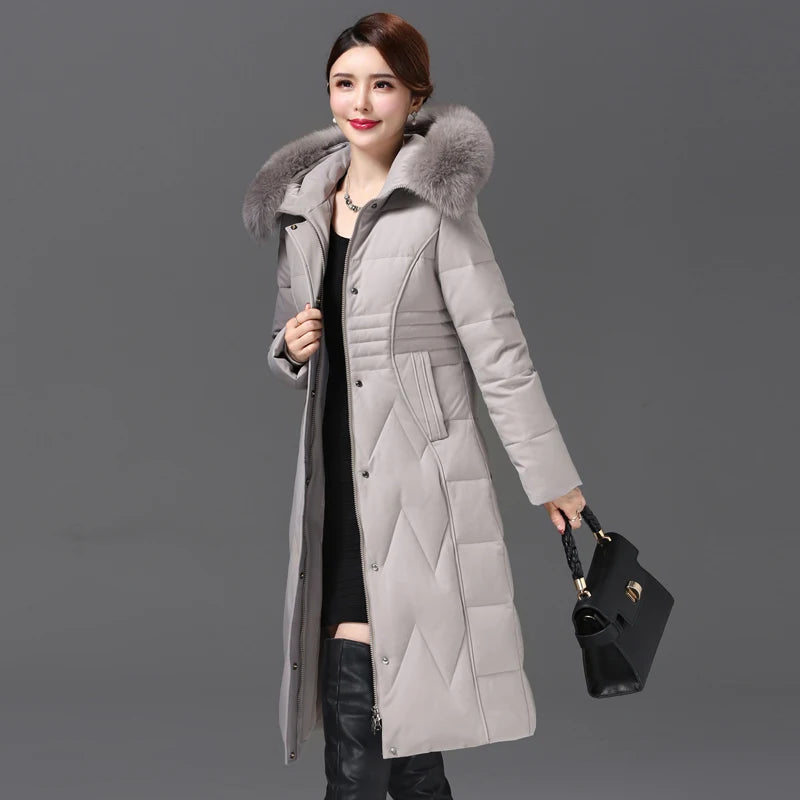 Shengyu Boya Middle-Aged and Elderly Slim-Fit Over-The-Knee Long down Jacket for Women, New Thickened Coat with Detachable Hood